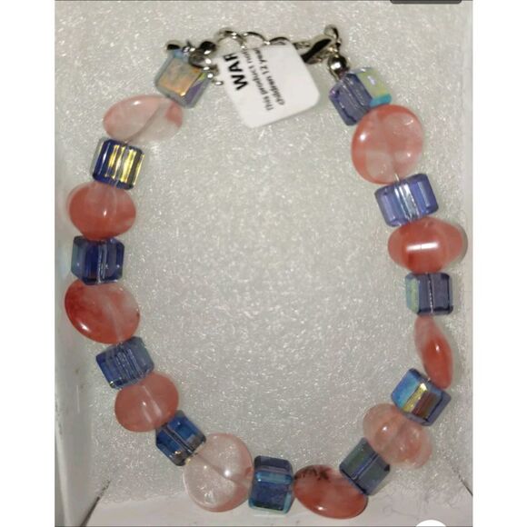 HANDMADE 7" Bracelet PINK QUARTZ w/ PURPLE IRIDESCENT square Glass - Picture 1 of 1